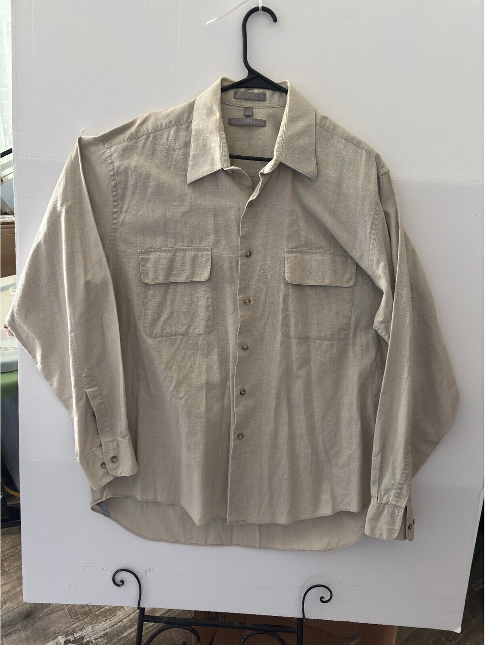 Geoffrey Beene Men's Beige Linen Cotton Button-Up Shirt Size 17 36/37